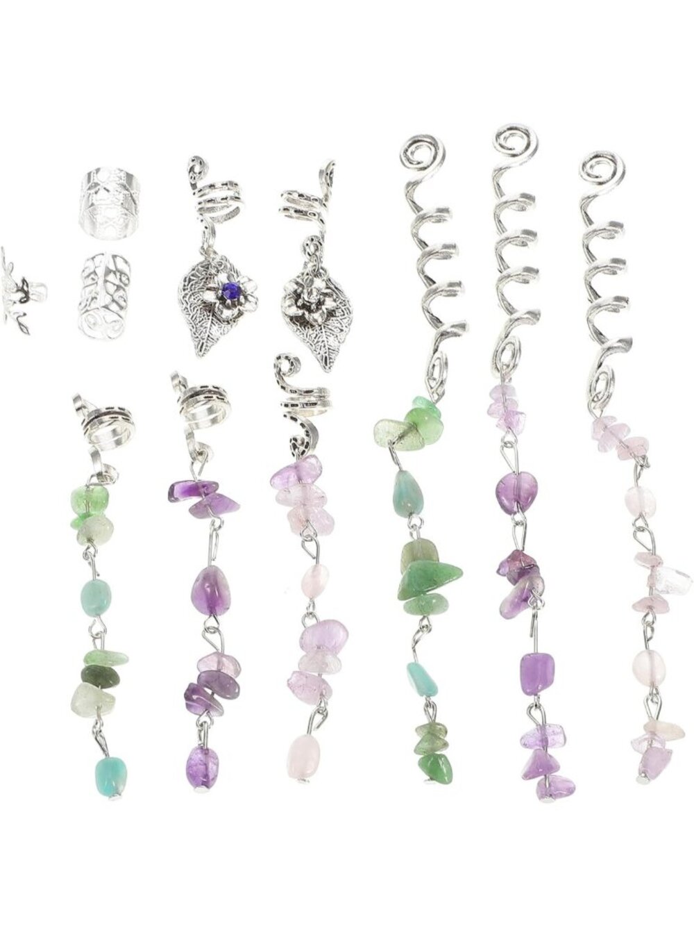 Colorful Hair Jewelry for Braids & Dreadlocks - 11Pcs Stone Beads & Cuffs Set